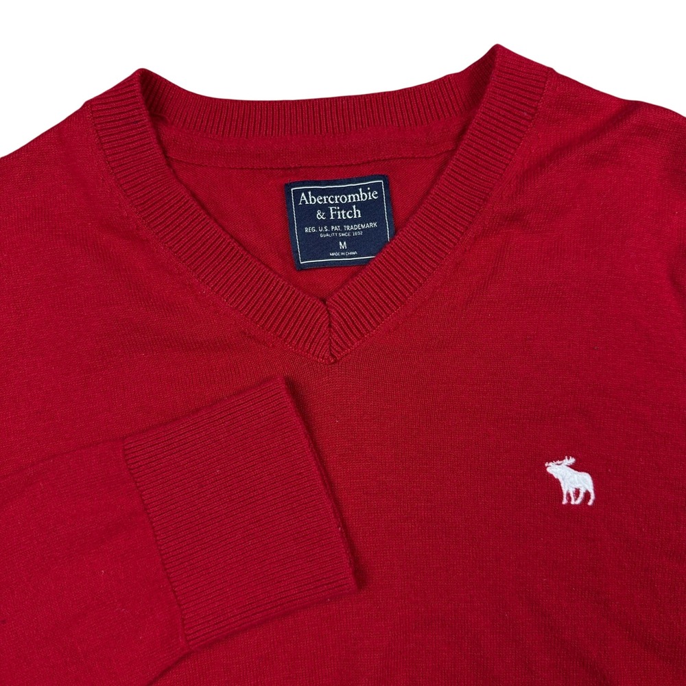 Abercrombie & Fitch Red V-Neck Sweater Merino Wool Blend‎ Moose Logo Mens Medium
